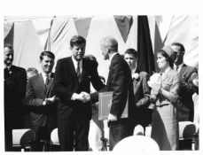 President Kennedy honours John Glenn after his historic orbital flight, Mercury-Atlas 6, 20 Feb 1962