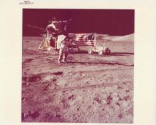 Portrait of the last moonwalker with the US flag, the Rover and the lander, Apollo 17, 7-19 Dec 1972