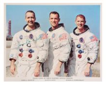 Official portrait of the crew in their spacesuits, SIGNED by all three, Apollo 9, 3-13 Mar 1969