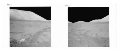 Last tracks of the Lunar Rover viewed through the LM window after EVA 3, Apollo 17, 7-19 Dec 1972