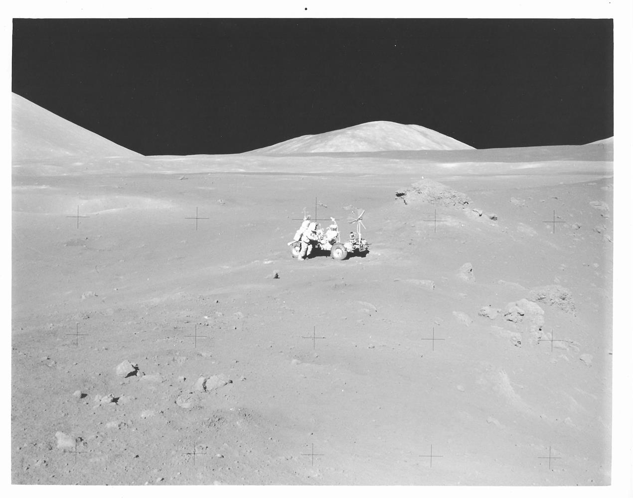 Harrison Schmitt working at the Lunar Rover at Shorty Crater, EVA 2, Apollo 17, 7-19 Dec 1972