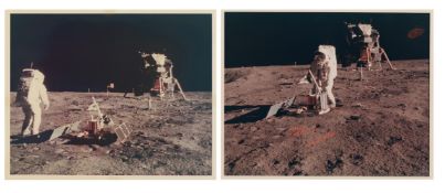 Buzz Aldrin with the scientific experiments and Lunar Module (2 views), Apollo 11, 16-24 Jul 1969