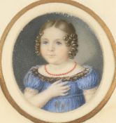 Y British School (Early 19th century), A young girl wearing blue empire-style dress and red necklace