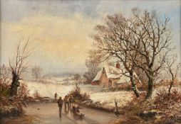 Attributed to James Edwards (19th century), Winter scene with figures on a frozen lake