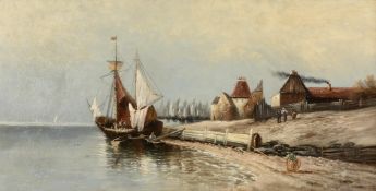 Dutch School (19th century), Returning to port, with figures and smokehouse