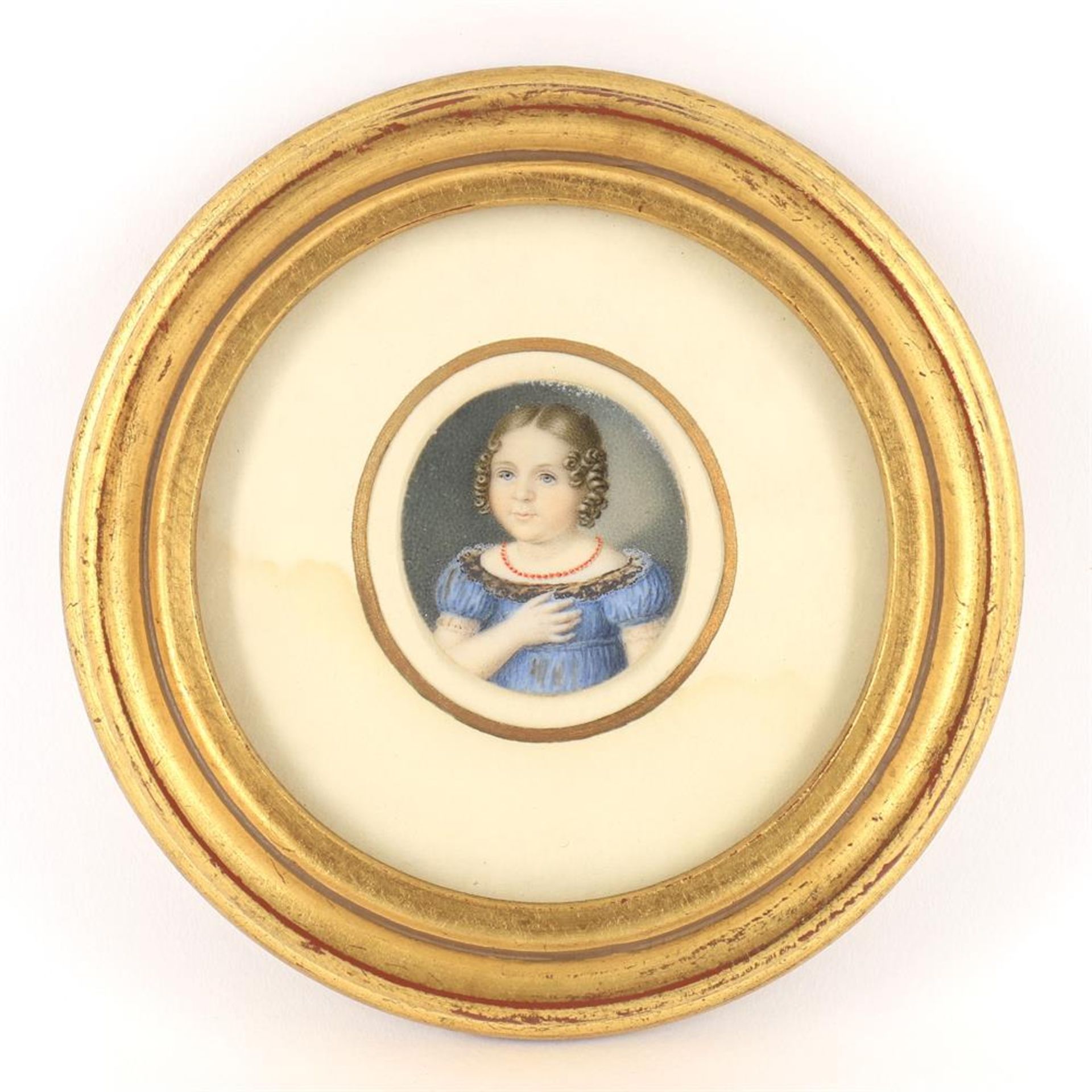 Y British School (Early 19th century), A young girl wearing blue empire-style dress and red necklace - Image 2 of 3