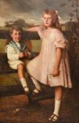 British School (19th century), Portrait of a boy and girl resting by a stile