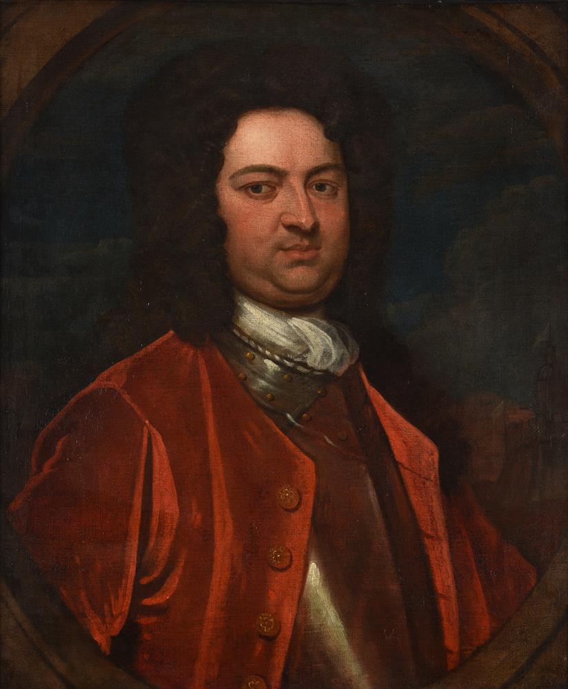 English School (17th century), Portrait of a gentleman in a red coat and armour