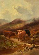 Edward Henry Holder (British 1847-1922), Three cows in a highland landscape