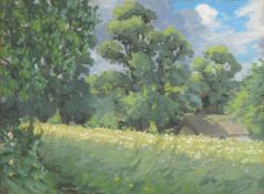 Rudolf Onslow Ford (British b. circa 1875), An English meadow, with a cottage roof beyond