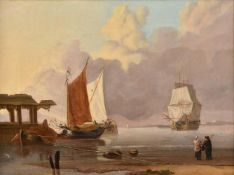 Dutch School (19th century), Man o' War, setting sail, with fisherfolk in the foreground