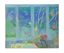 British School (20th Century), Figure in a green house with tropical landscape beyond
