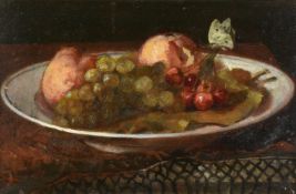 Continental School (early 20th century), Still life of fruit in a bowl with a moth and fly