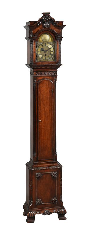 A GEORGE III STYLE CARVED MAHOGANY MINIATURE EIGHT-DAY LONGCASE TIMEPIECE