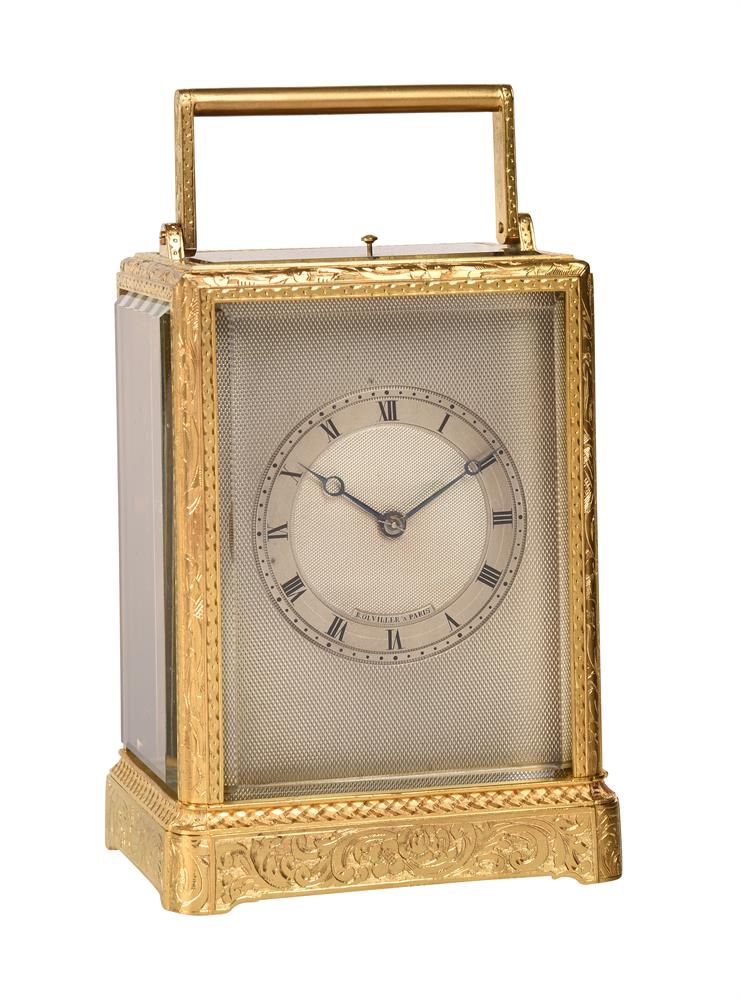 A FINE FRENCH ENGRAVED GILT BRASS REPEATING CARRIAGE CLOCK IN ONE-PIECE CASE