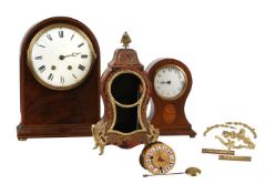 Y A FRENCH LOUIS XV STYLE SMALL BOULLE MANTEL CLOCK AND A GROUP OF FRENCH CLOCK MOVEMENTS