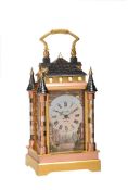 A FINE AND RARE FRENCH MULTI-COLOURED 'CASTLE' CARRIAGE CLOCK WITH PAINTED PORCELAIN PANELS