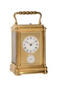 A FRENCH GILT BRASS GORGE CASED GRANDE SONNERIE STRIKING CARRIAGE CLOCK WITH ALARM