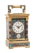 A FINE FRENCH GILT BRASS AND CHAMPLEVE ENAMELLED FIVE-MINUTE REPEATING ALARM CARRIAGE CLOCK