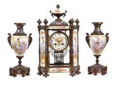 A FINE FRENCH CHAMPLEVE ENAMELLED AND PAINTED PORCELAIN FOUR-GLASS MANTEL CLOCK GARNITURE