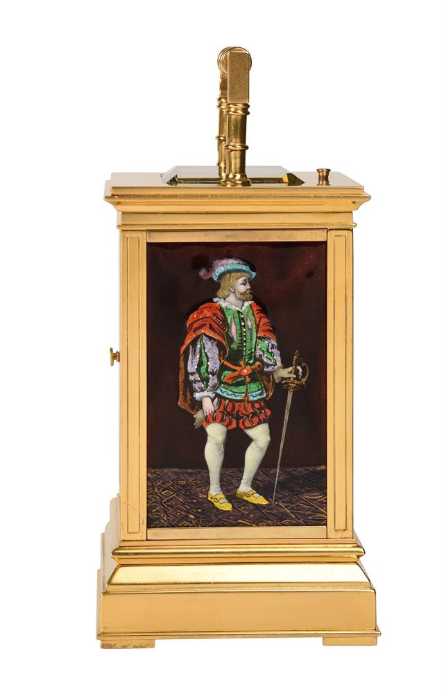 A FINE GILT BRASS REPEATING CARRIAGE CLOCK INSET WITH LIMOGES ENAMEL PANELS - Image 3 of 7