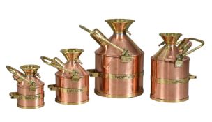 A RARE SET OF FOUR GRADUATED COPPER AND BRASS ‘CHEKPUMP’ COUNTY PETROL MEASURES