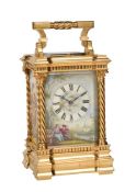 A FINE FRENCH GILT BRASS ANGLAISE RICHE CASED REPEATING CARRIAGE CLOCK WITH PAINTED PORCELAIN PANELS