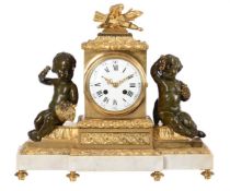 A FRENCH NAPOLEAN III BRONZE, ORMOLU AND WHITE MARBLE FIGURAL MANTEL CLOCK IN THE LOUIS XVI STYLE