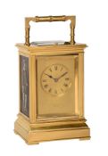 A FINE GILT BRASS REPEATING CARRIAGE CLOCK INSET WITH LIMOGES ENAMEL PANELS