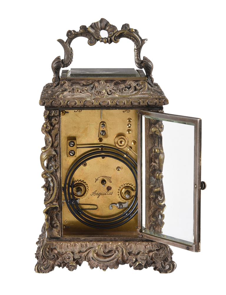 A FRENCH SCULPTED SILVERED BRASS ROCOCO STYLE CARRIAGE CLOCK WITH REPEAT - Image 3 of 3