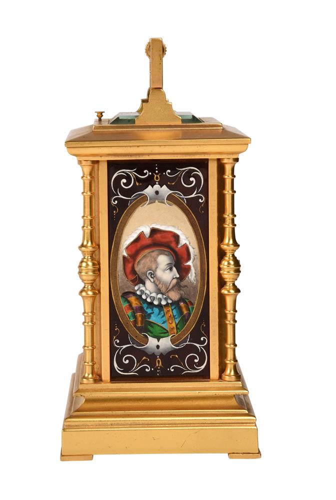 A FINE FRENCH GILT BRASS REPEATING CARRIAGE CLOCK INSET WITH LIMOGES ENAMEL PANELS - Image 2 of 7