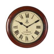 AN EDWARDIAN MAHOGANY FUSEE WALL DIAL TIMEPIECE PREVIOUSLY USED AT H.M. OFFICE OF WORKS