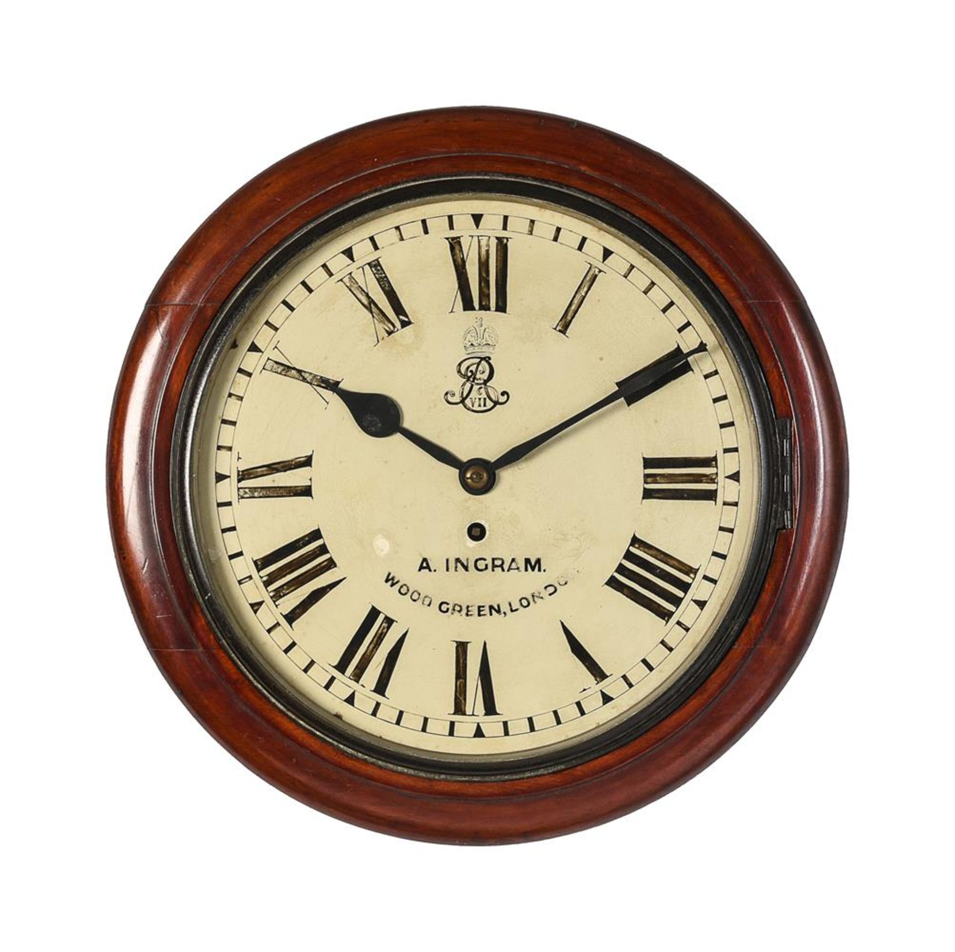 AN EDWARDIAN MAHOGANY FUSEE WALL DIAL TIMEPIECE PREVIOUSLY USED AT H.M. OFFICE OF WORKS