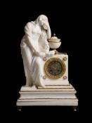 A FRENCH NAPOLEON III SCULPTED WHITE MARBLE FIGURAL MANTEL CLOCK