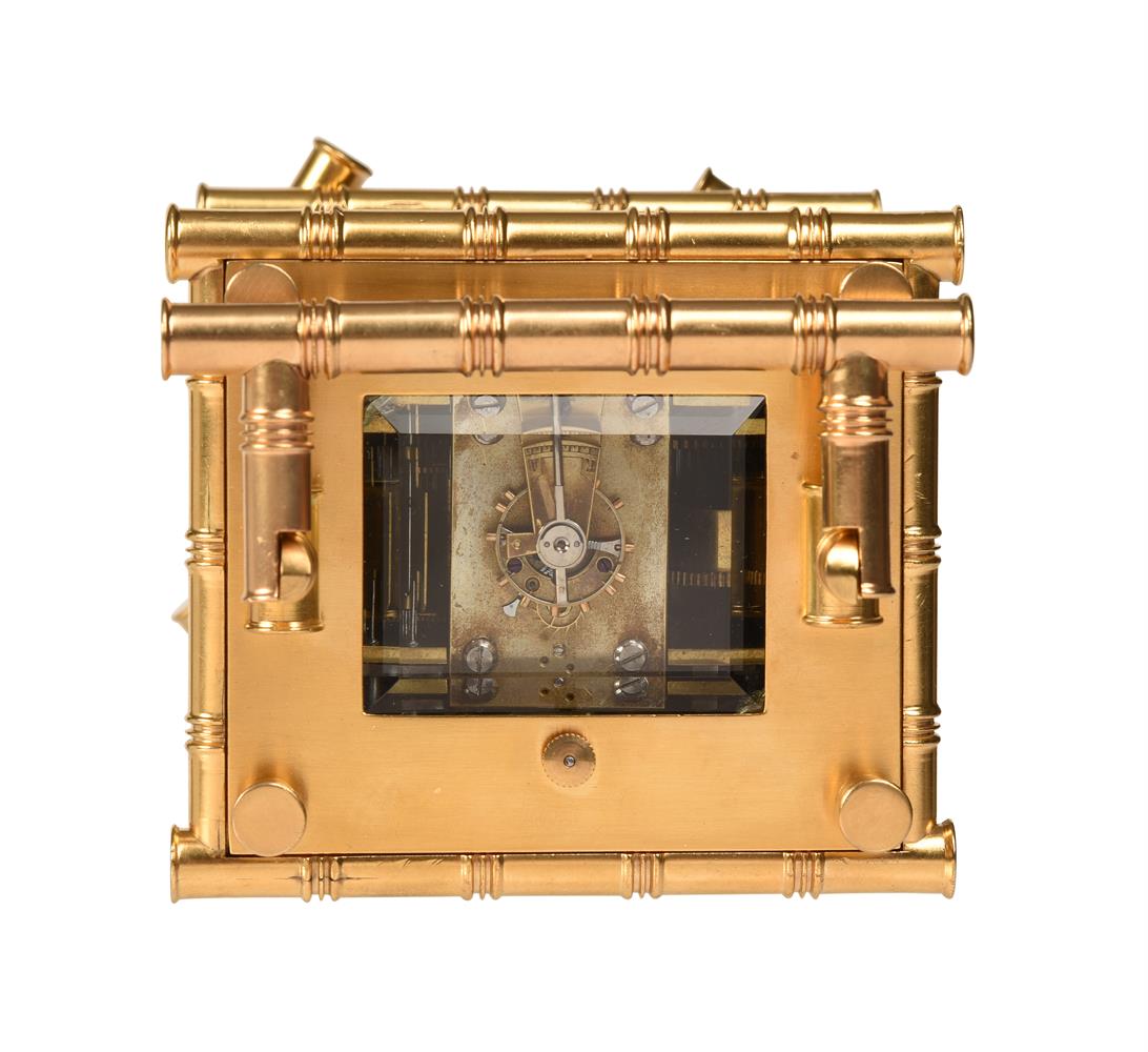 A FRENCH GILT BAMBOO CASED REPEATING ALARM CARRIAGE CLOCK WITH PAINTED FIRED ENAMEL PANELS - Image 6 of 6
