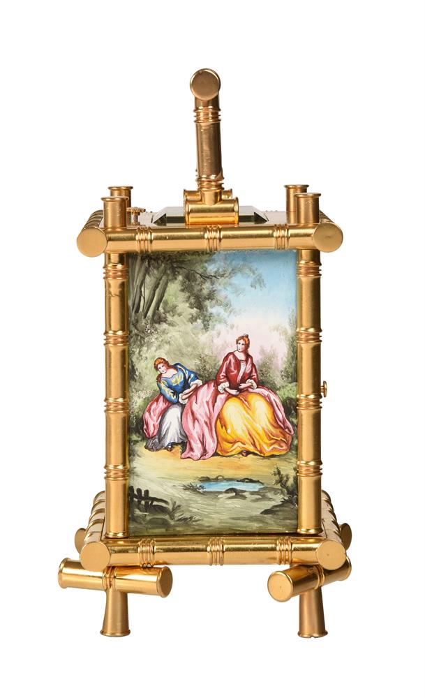 A FRENCH GILT BAMBOO CASED REPEATING ALARM CARRIAGE CLOCK WITH PAINTED FIRED ENAMEL PANELS - Image 2 of 6
