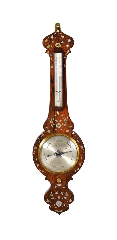 Y A VICTORIAN MOTHER OF PEARL AND BRASS INLAID ROSEWOOD MERCURY WHEEL BAROMETER