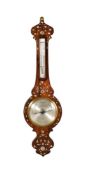 Y A VICTORIAN MOTHER OF PEARL AND BRASS INLAID ROSEWOOD MERCURY WHEEL BAROMETER