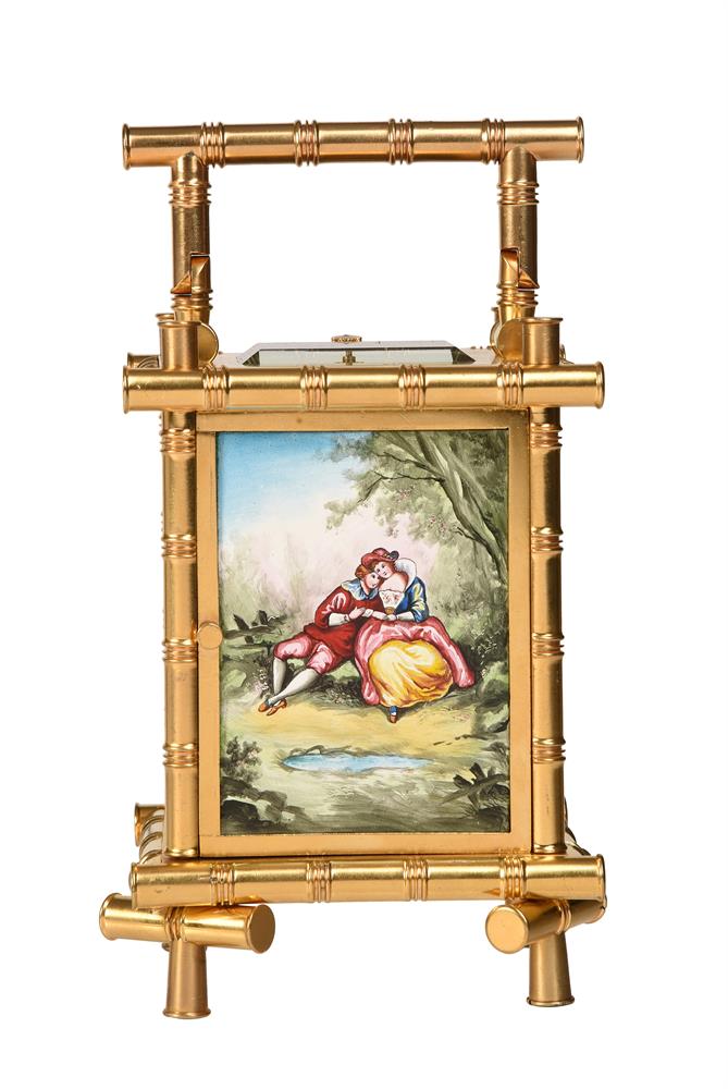 A FRENCH GILT BAMBOO CASED REPEATING ALARM CARRIAGE CLOCK WITH PAINTED FIRED ENAMEL PANELS - Image 3 of 6