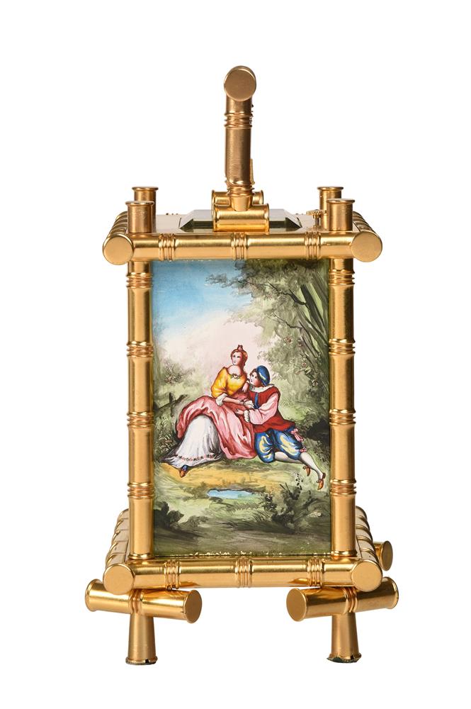 A FRENCH GILT BAMBOO CASED REPEATING ALARM CARRIAGE CLOCK WITH PAINTED FIRED ENAMEL PANELS - Image 4 of 6