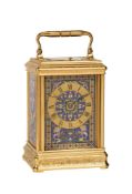 A FINE FRENCH ENGRAVED GILT BRASS AND CLOISONNE ENAMELLED REPEATING CARRIAGE CLOCK