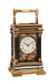 A FINE FRENCH MULTI-COLOUR REPEATING CARRIAGE CLOCK WITH RELIEF-CAST PANELS