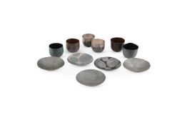 SIX MOKUME GANE TUMBLER CUPS AND FIVE SAUCER DISHES, ALISTAIR McCALLUM