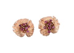 VAN CLEEF & ARPELS, A PAIR OF RUBY FLOWER HEAD EAR CLIPS