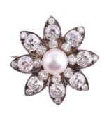 A VICTORIAN DIAMOND AND PEARL FLOWER HEAD CLUSTER BROOCH CIRCA 1870