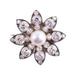 A VICTORIAN DIAMOND AND PEARL FLOWER HEAD CLUSTER BROOCH CIRCA 1870