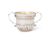 A QUEEN ANNE SILVER TWIN HANDLED CUP, ROBERT TIMBRELL & JOSEPH BELL I