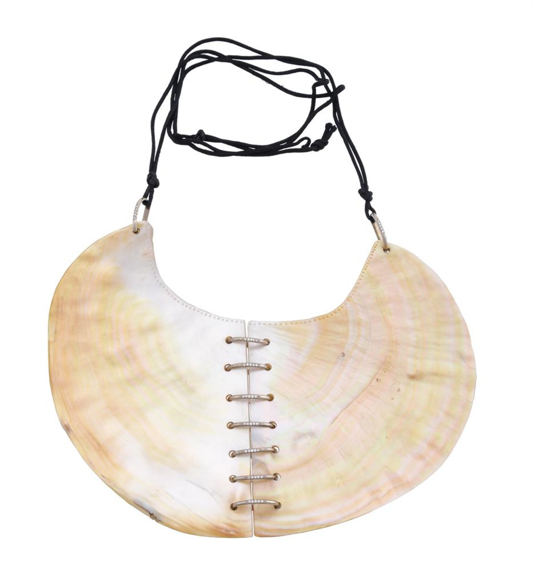 Y ATTRIBUTED TO ANGELA PINTALDI, A MOTHER OF PEARL SHELL AND DIAMOND BIB NECKLACE