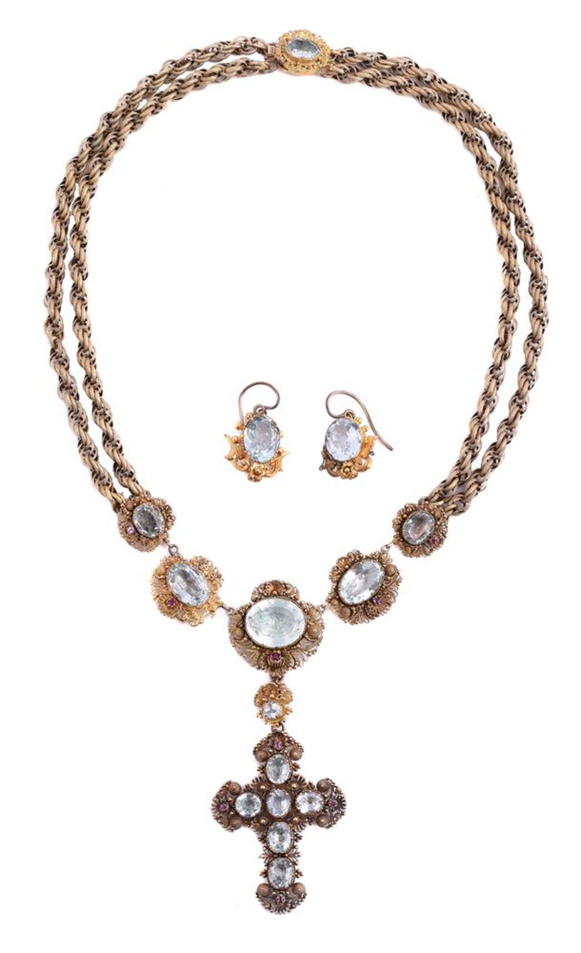 AN 1830S CANNETILLE AQUAMARINE AND RUBY NECKLACE