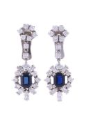 A PAIR OF SAPPHIRE AND DIAMOND CLUSTER EAR PENDANTS